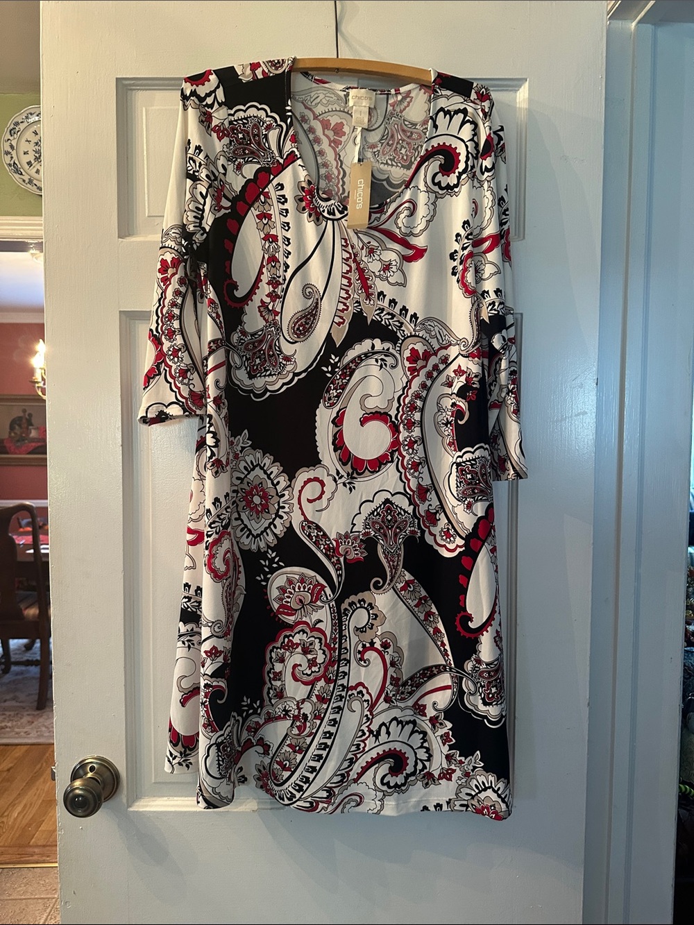 Chicos Paisley Print V-Neck Shift Dress - Black, White & Red